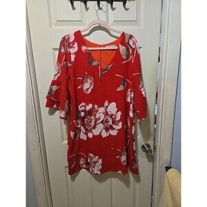 Belongsci Dress Women's XL Red Floral Shift V-neck 3/4 Bell Sleeves Lined
